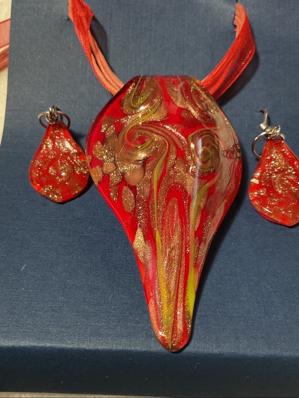 Red glass murano style necklace and earrings set